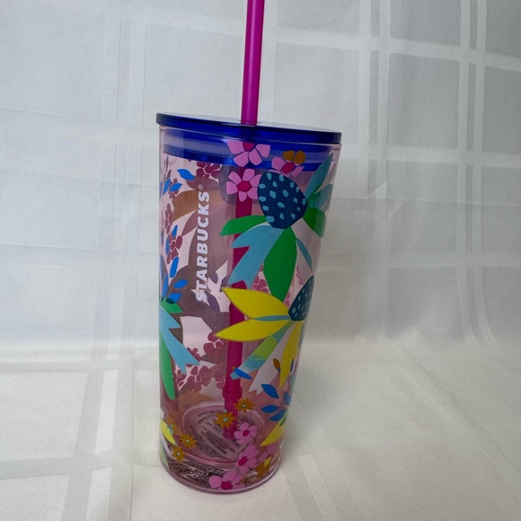 Starbucks Other - Starbucks Tropical Floral Tumbler with Straw - Pink and Blue